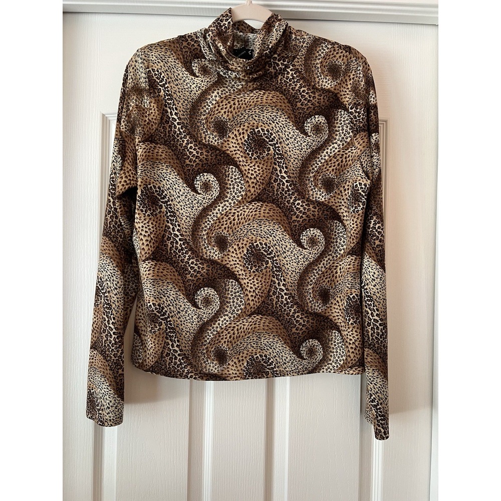 VTG Womens Swirl Animal Print Turtleneck XL Brown Gold Metallic 90s Y2K Funky